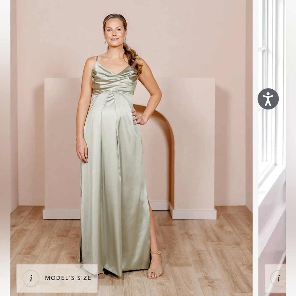 Size 12 Revelry Maternity Skye Satin Dress in color Silver Sage, Petite length